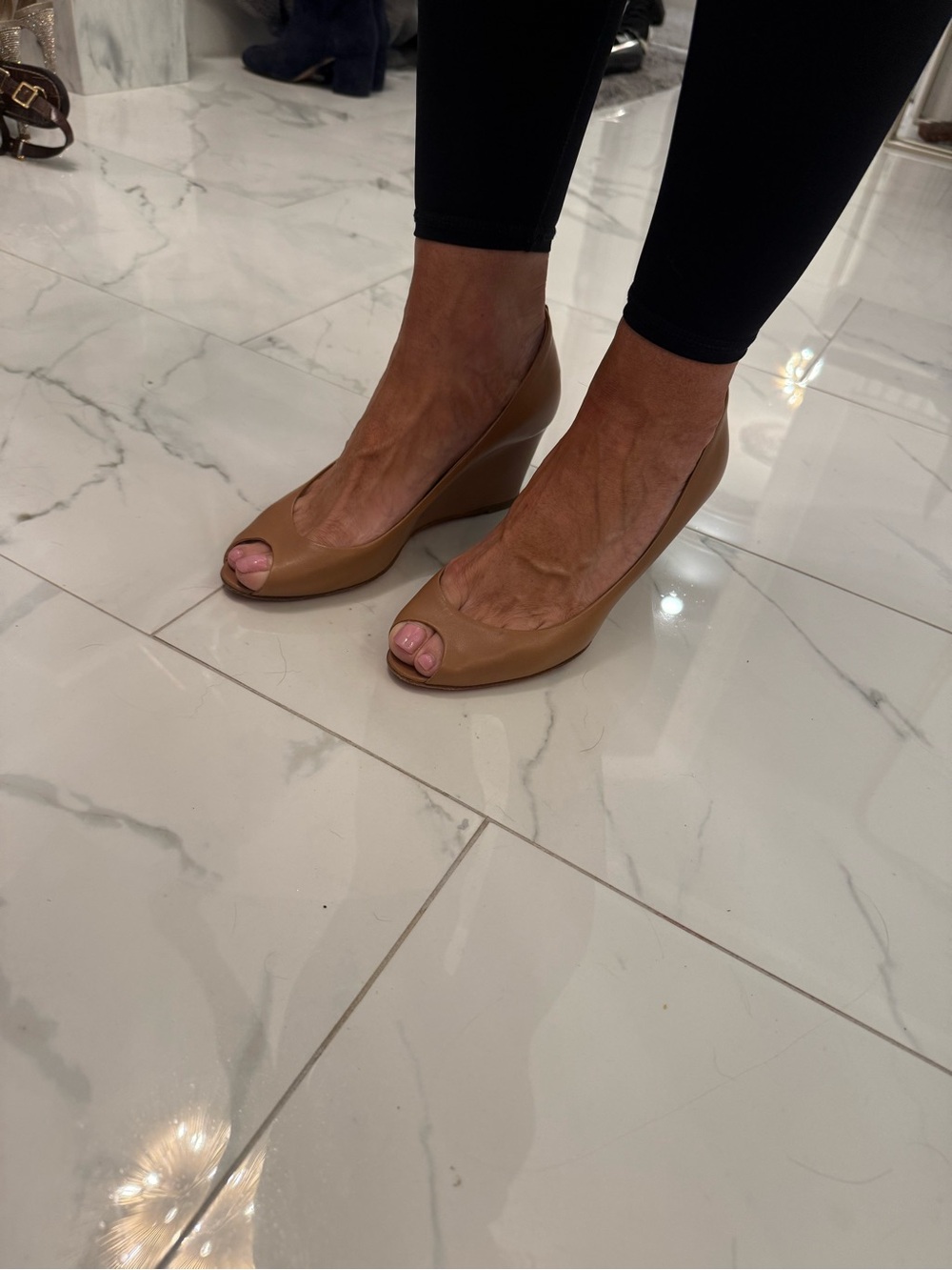 Christian Louboutin Tan Peep-Toe Wedge Pumps
